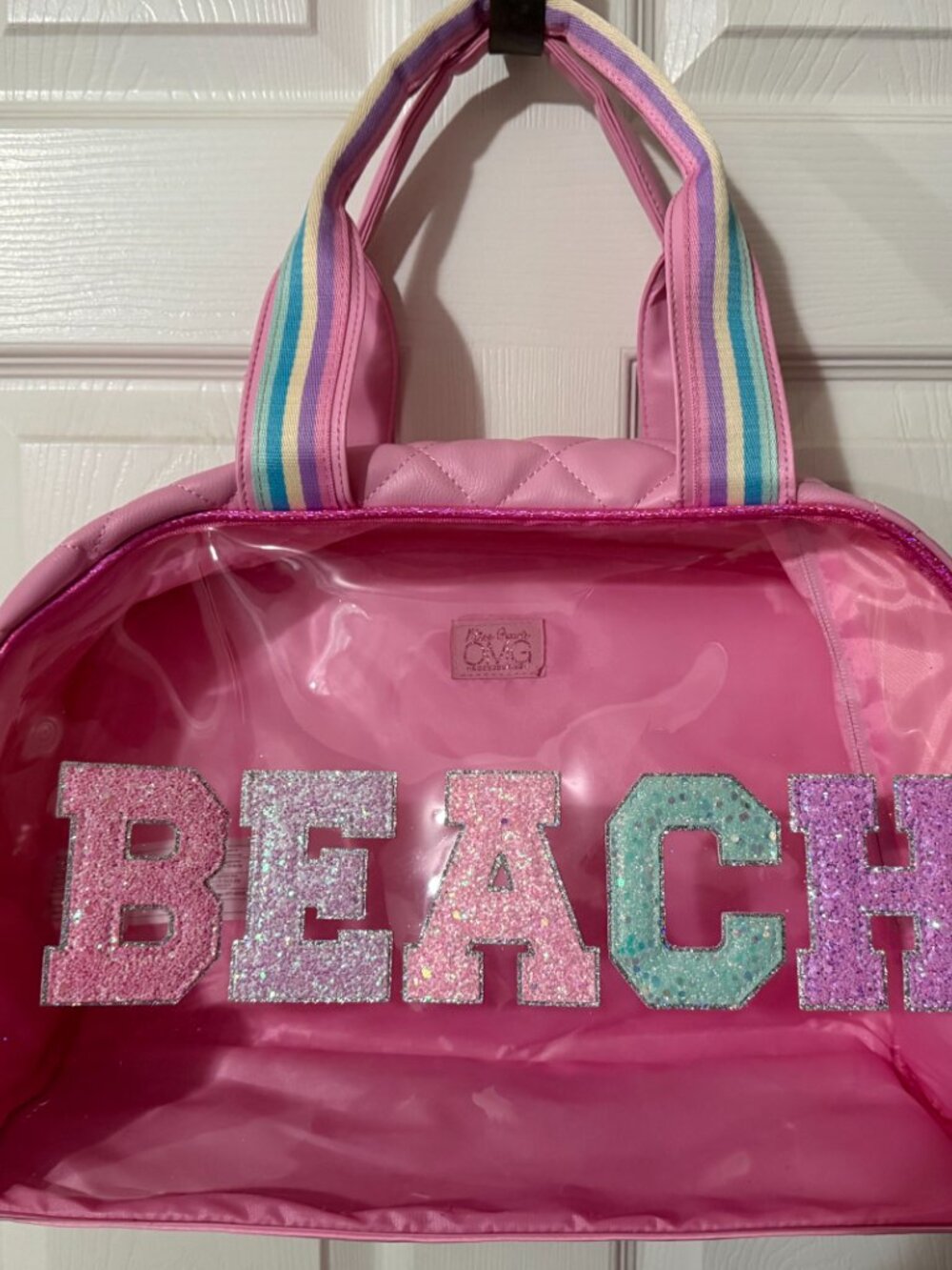 OMG Accessories SKU Pink Clear BEACH Glitter Tote Bag Striped Handles